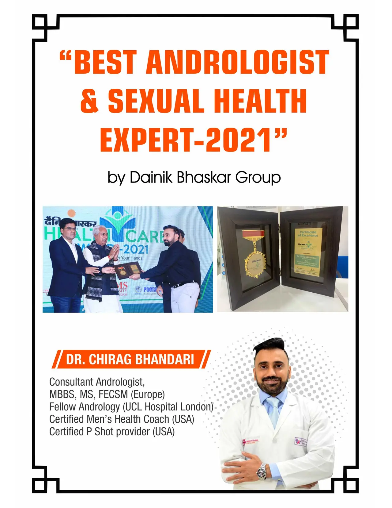 Best Andrologist and sexual Health Expert 2021 by Dainik Bhaskar Group Certificate