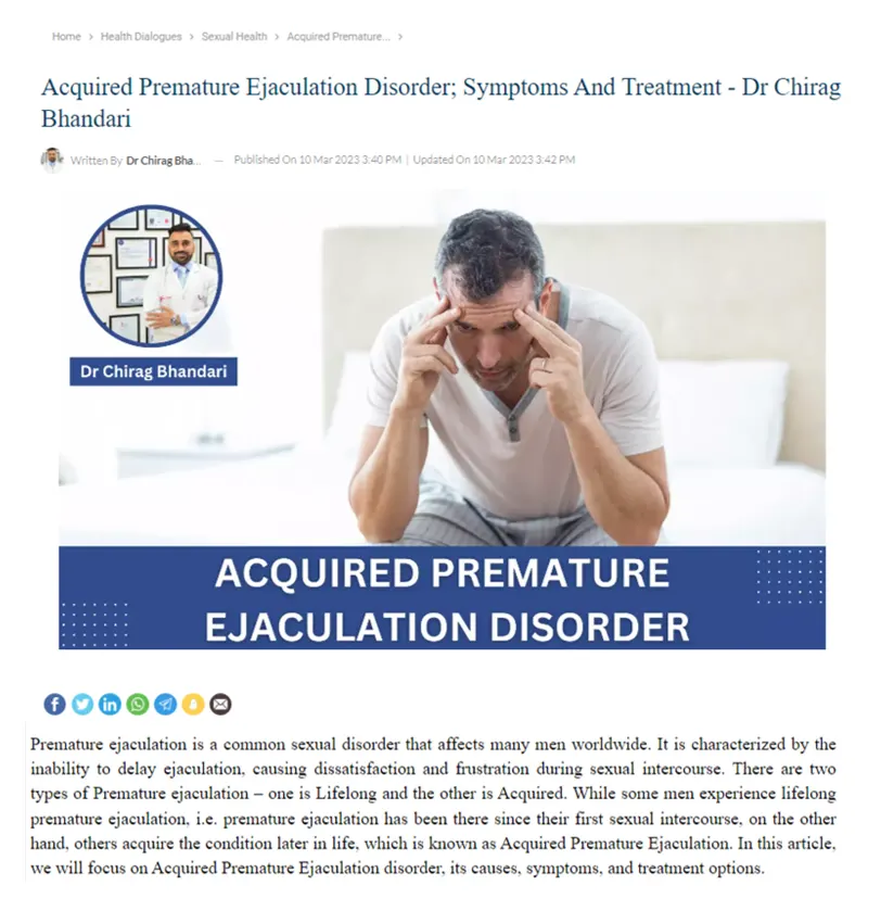 Acquired Premature Ejaculation Disorder; Symptoms And Treatment - Dr Chirag Bhandari 